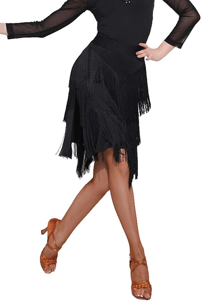 ZX Z&X Women's Ballroom Latin Tango Slasa Dance Skirt Fringe Split Leg Halloween Party Dance Dress with Shorts, Black, Tag L, Fit US 6-8 - Image 1